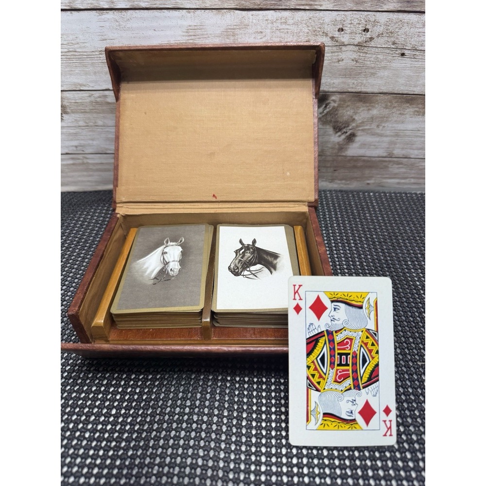 Vintage Playing Cards Double Deck Horse Head Face Portraits Leather Case MCM